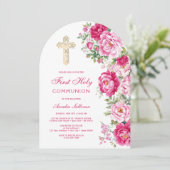 Hot Pink Peonies Arch First Communion Einladung (Stehend Vorderseite)
