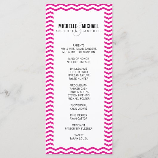 Hot Pink Perfect Zickzack/Zig Zag Hochzeitsprogram Programm (Rückseite)