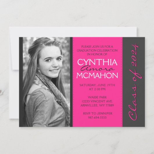 Hot Pink & Pinstripe Grau Foto Abschluss Einladung (Vorderseite)
