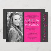 Hot Pink & Pinstripe Grau Foto Abschluss Einladung (Vorne/Hinten)