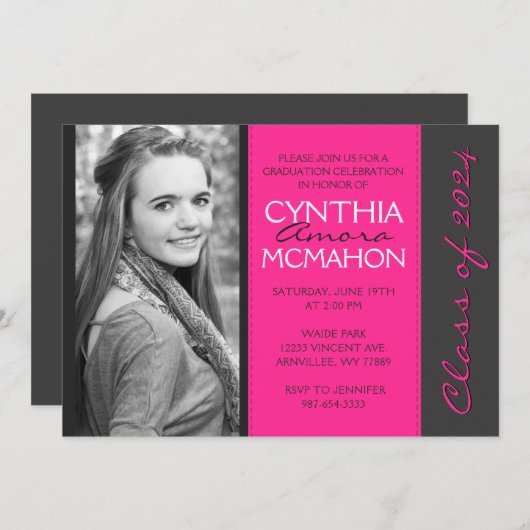 Hot Pink & Pinstripe Grau Foto Abschluss Einladung (Vorne/Hinten)