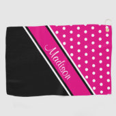 Hot Pink Polka Dot Black Diagonal Script Name Golfhandtuch (Horizontal)