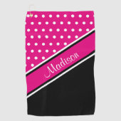Hot Pink Polka Dot Black Diagonal Script Name Golfhandtuch (Vorderseite)