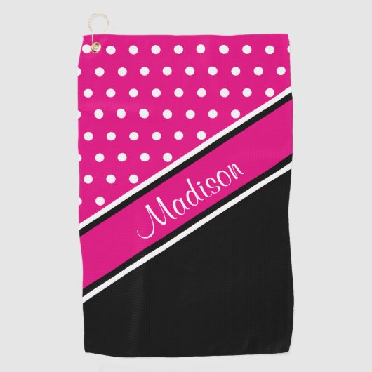 Hot Pink Polka Dot Black Diagonal Script Name Golfhandtuch (Vorderseite)