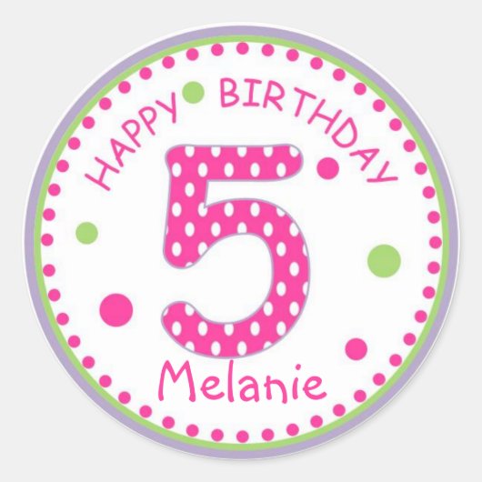 Hot Pink Polka Dot Happy Birthday Number 5 Runder Aufkleber (Vorderseite)