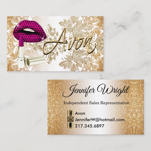 Hot Pink Polka Dot Lips & Gold - Avon Visitenkarte (Vorne/Hinten)