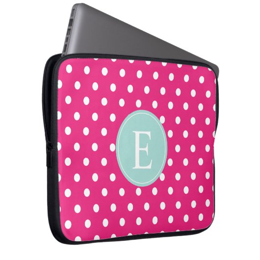 Hot Pink Polka Dot Minze Monogramm Laptopschutzhülle (Vorne Rechts)