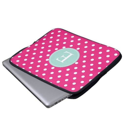 Hot Pink Polka Dot Minze Monogramm Laptopschutzhülle (Vorne Knopf)