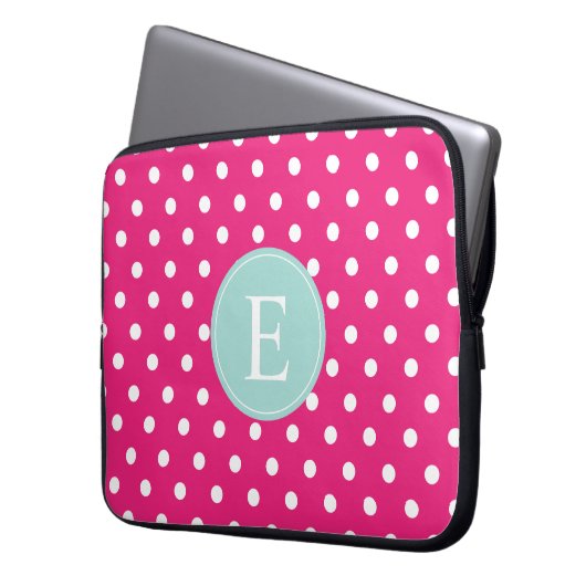 Hot Pink Polka Dot Minze Monogramm Laptopschutzhülle (Vorderseite Links)