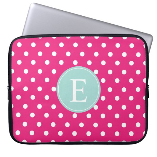 Hot Pink Polka Dot Minze Monogramm Laptopschutzhülle (Vorderseite)