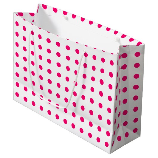 Hot Pink Polka Dots Große Geschenktüte (Vorderseite Schrägansicht)