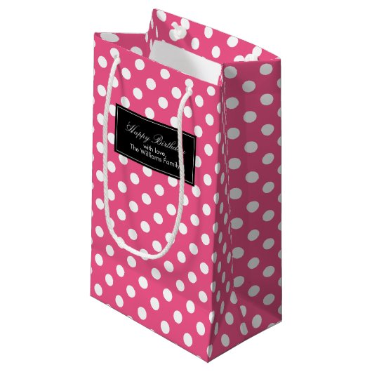 Hot Pink Polka Dots Personalisiert Kleine Geschenktüte (Vorderseite Schrägansicht)