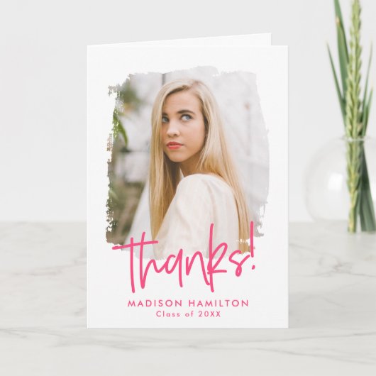 Hot Pink | Preppy Script Foto Abschluss Dankeskarte (Vorderseite)