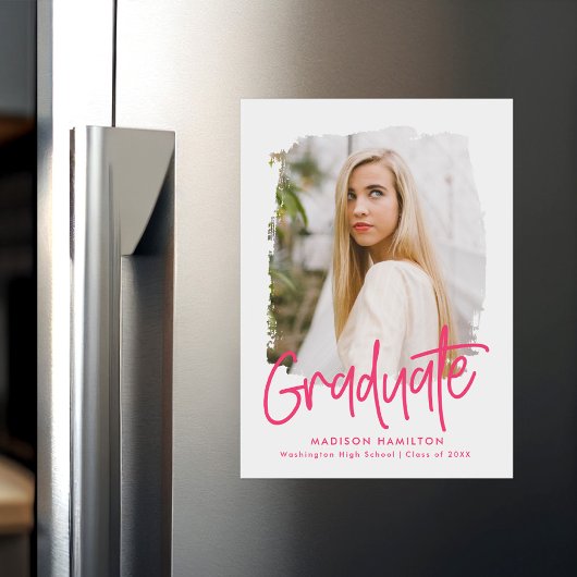 Hot Pink | Preppy Script Foto Abschluss Magneteinladung