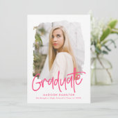Hot Pink | Preppy Script Foto Graduation Party Einladung (Stehend Vorderseite)