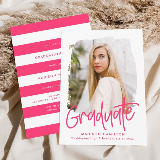 Hot Pink | Preppy Script Foto Graduation Party Einladung