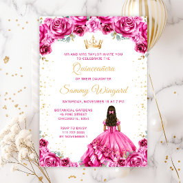 Hot Pink Princess Floral Quinceñera Einladung