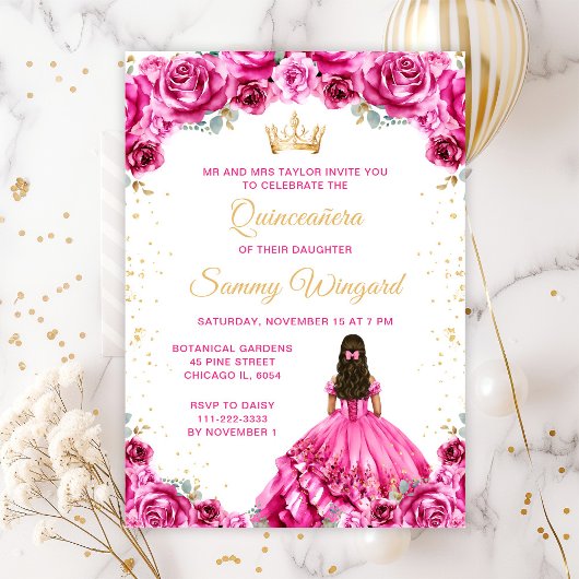 Hot Pink Princess Floral Quinceñera Einladung