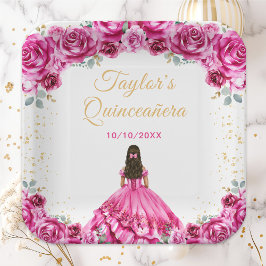 Hot Pink Princess Floral Quinceñera Pappteller