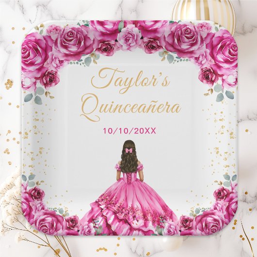 Hot Pink Princess Floral Quinceñera Pappteller