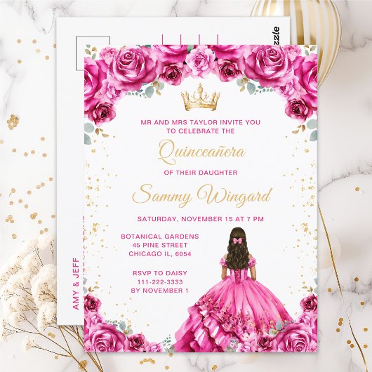 Hot Pink Princess Floral Quinceñera Postkarte