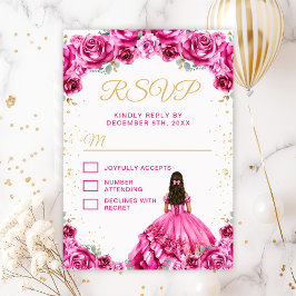 Hot Pink Princess Floral Quinceñera RSVP Karte