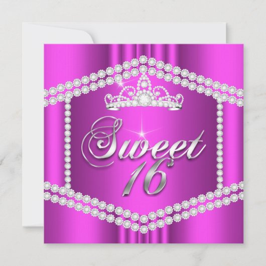 Hot Pink Princess Sweet 16 Party Diamond Trim Einladung (Vorderseite)
