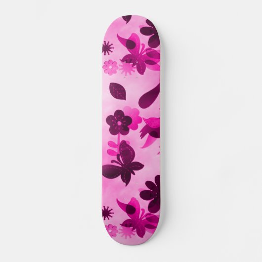 Hot Pink Purple Blumen Vögel Schmetterlinge Blumen Skateboard (Vorderseite)