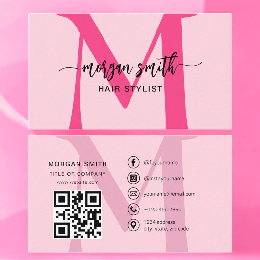 Hot Pink QR Code Script Name Girl Monogram Visitenkarte