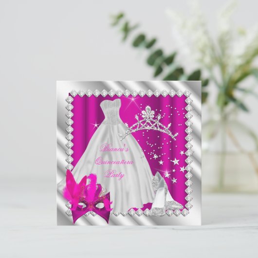 Hot Pink Quinceanera 15. Masquerade Party Einladung (Stehend Vorderseite)