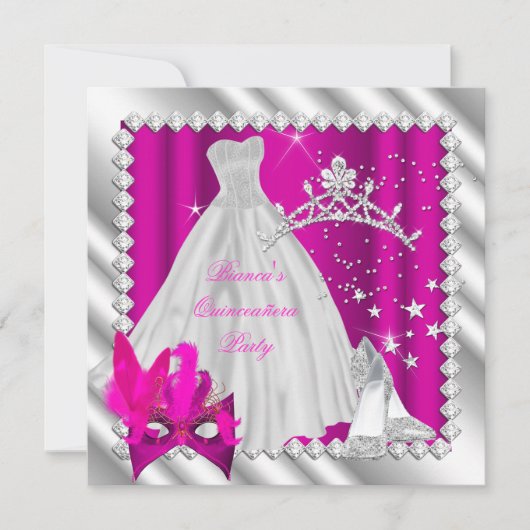 Hot Pink Quinceanera 15. Masquerade Party Einladung (Vorderseite)