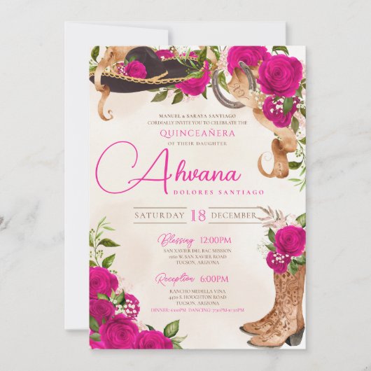 Hot Pink Quinceañera Charro Western Rose Blumen Einladung (Vorderseite)