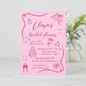 Hot Pink Red Hand gezogener Spaß Doodle Brautparty Einladung (Stehend Vorderseite)