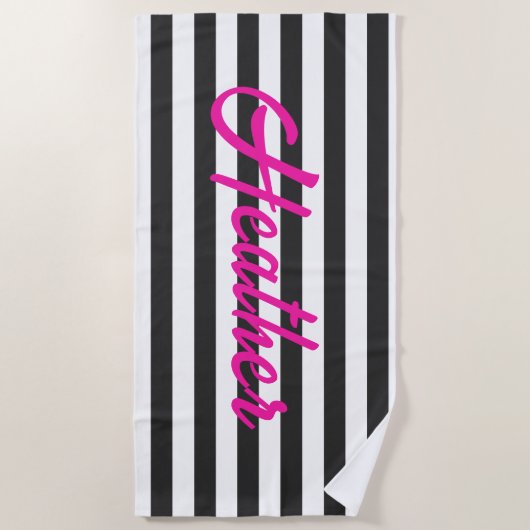 Hot Pink Retro Inspirierter Schwarz-weißer Name Strandtuch (Vorderseite)