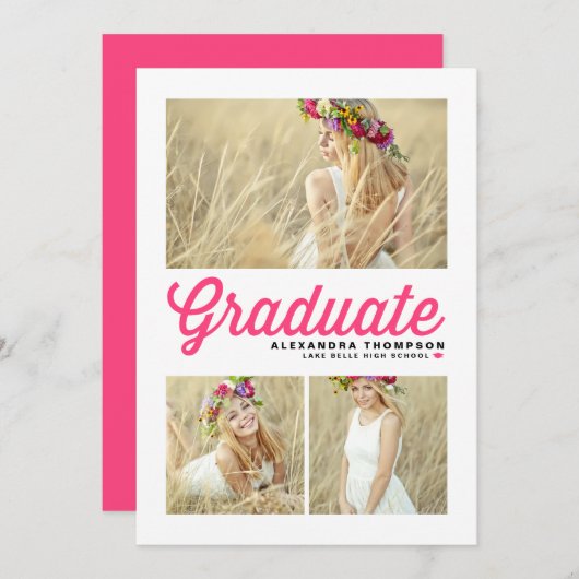 Hot Pink Retro Script Drei Foto Abschluss Einladung (Vorne/Hinten)