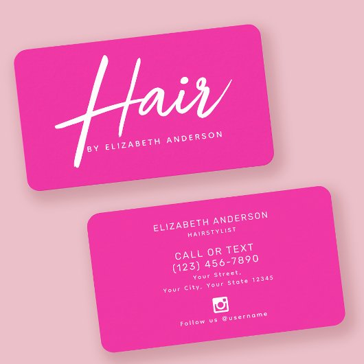 Hot Pink Retro-Script Friseur Visitenkarte
