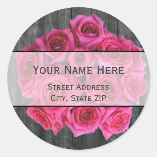 Hot Pink Rose Bouquet & Barnwood Address Label Runder Aufkleber (Vorderseite)