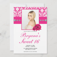 Hot Pink Rose & Damask Diamond Bling Einladungen