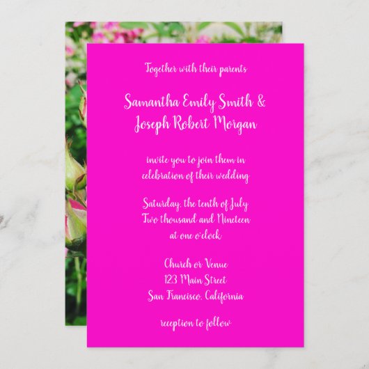 Hot Pink Rose Foto Kalligrafie Einladung (Vorne/Hinten)