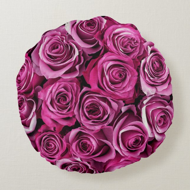 Hot Pink Rose Print Round Kissen (Rückseite)