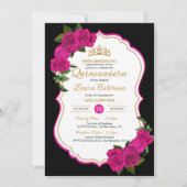 Hot Pink Rose Schwarz und Gold Elegantes Quinceane Einladung (Vorderseite)