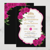 Hot Pink Rose Schwarz und Gold Elegantes Quinceane Einladung (Vorne/Hinten)