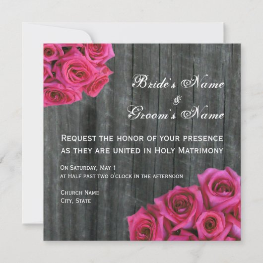 Hot Pink Rose und Barnwood Hochzeit Einladung (Vorderseite)