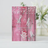 Hot Pink Rustic Holz String Lights Boho Mason Jar Save The Date (Stehend Vorderseite)