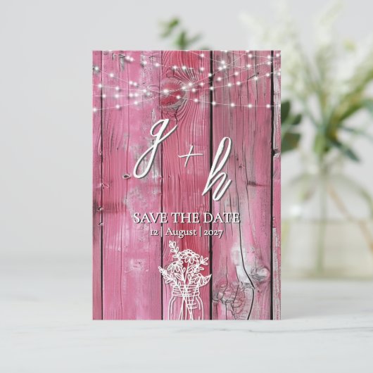 Hot Pink Rustic Holz String Lights Boho Mason Jar Save The Date (Stehend Vorderseite)