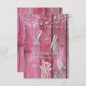 Hot Pink Rustic Holz String Lights Boho Mason Jar Save The Date (Vorne/Hinten)