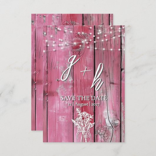 Hot Pink Rustic Holz String Lights Boho Mason Jar Save The Date (Vorne/Hinten)
