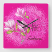 Hot Pink Sakura Wall Clock Quadratische Wanduhr (Vorderseite)