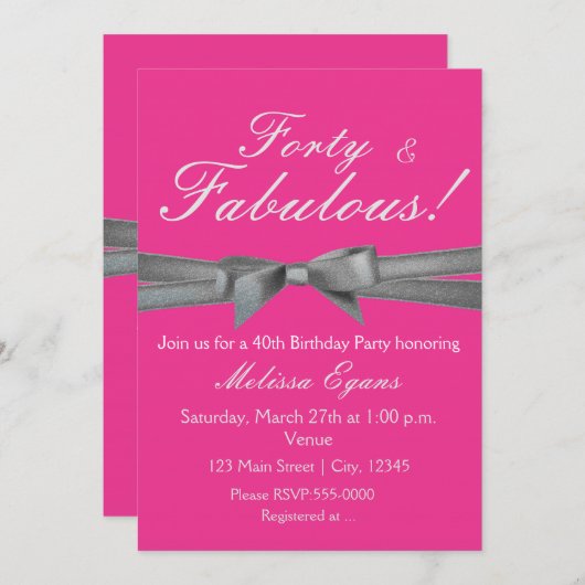 Hot Pink & Silver Bow Party Chic Event Einladung (Vorne/Hinten)