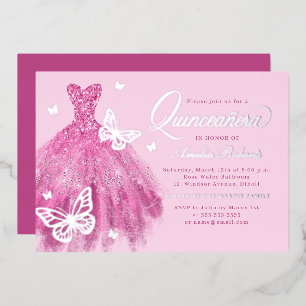 Hot Pink Silver Butterfly Kleid Quinceanera Folieneinladung